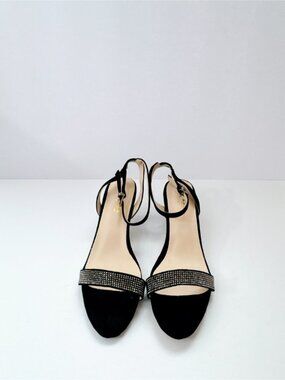 Size 6 Black Rhinestone Ankle Strap Sandals Kitten Heel Open Toe Dress Heels